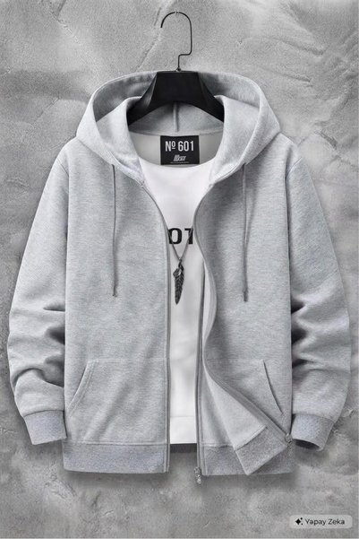 NO 601 Men's Gray Full Zipper Hooded Seasonal Cardigan