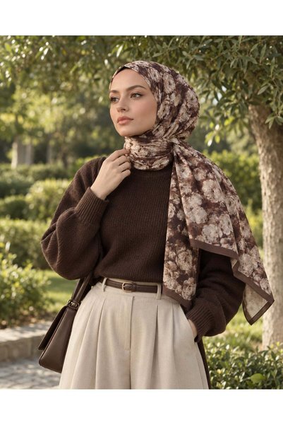 Vera Gül Desenli Çiçekli Kıraş Şal Başörtüsü - Kahve