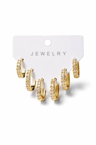 LYKOS Women's gold color zircon stone 3 pairs oval hoop earring set