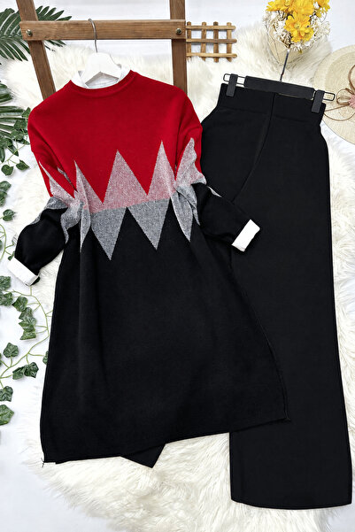 MODAQU Zigzag Knitwear Tunic Trousers Set - Red