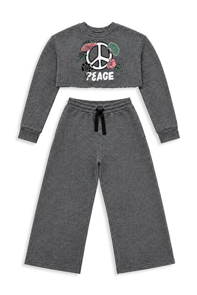 Denokids Girl's Tracksuit Set Crop Sweatshirt - Flared Sweatpants (Ages 7-12)