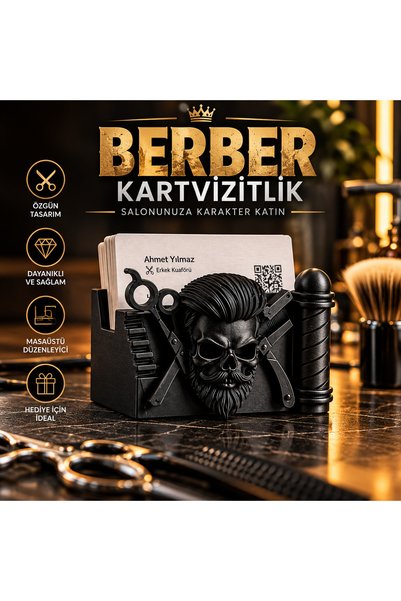 İKONİXPET Barber Hairdresser Themed Business Card Holder Tabletop Decorative Office Accessory Black Business Card Holder