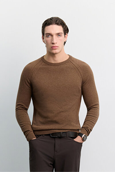 Avva Men's Brown Crew Neck Raglan Sleeve Wool Regular Fit Sweater with Stitch...