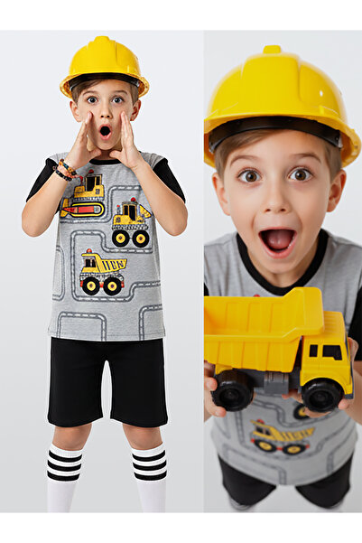 Denokids Boy's Construction Vehicles B Printed T-Shirt Black Shorts Summer Set