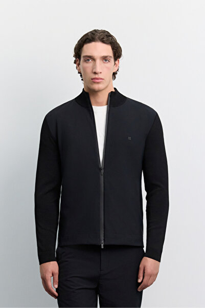 Avva Men's Black Stand Collar Zippered Rayon Blended Technical Fabric Regular...