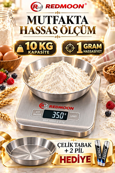 REDMOON 10 KG 1 GR Hassas Dijital Mutfak Terazisi Paslanmaz Çelik Tartı + 2 P...