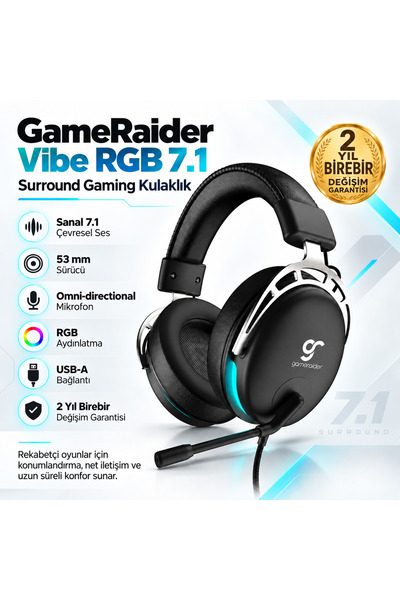 GameRaider Vibe RGB 7.1 Surround Gaming Kulaklık – 2 Yıl Birebir Değişim Gara...
