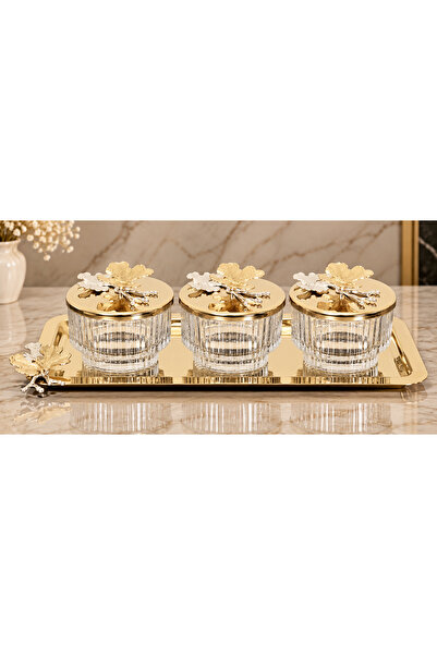 atabey home collection 3-Piece Butterfly Gold Tray Bowl Set & Sugar Bowl & Se...