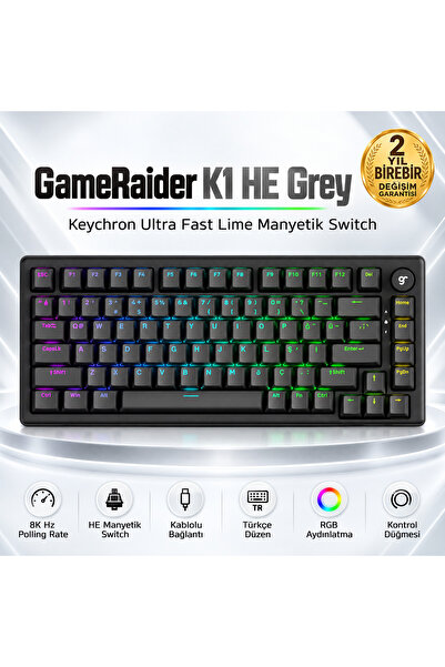 GameRaider K1 HE Grey Ultra-Fast Lime Manyetik Switch 8K Hz Türkçe Kablolu Ga...
