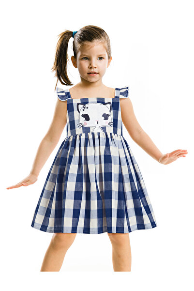 Denokids Navy Blue Star Cat Girl's Plaid Summer Sling Dress