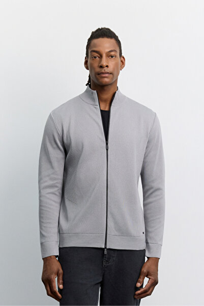 Avva Men's Gray Stand Collar Zippered Cardigan with Jacquard Knit Detail A62Y...