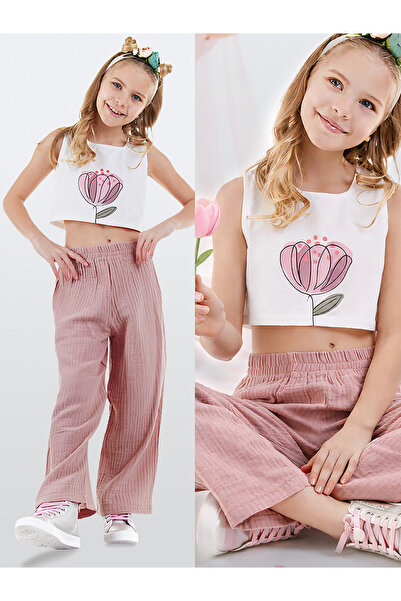 Denokids Floral Girl's Pink Muslin Pants Set