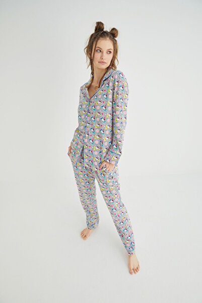Hello Kitty Lisanslı Düğmeli Uzun Kol Pijama Takım Roz-56