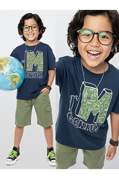 Denokids Boys' Team Science Printed Cotton T-Shirt Gabardine Woven Shorts Sum...