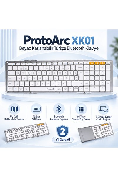ProtoArc XK01 Beyaz Katlanabilir Türkçe Bluetooth Klavye (CP016849)