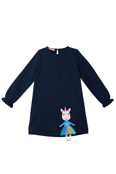 Denokids Lilycorn Navy Blue Girls' Tulle Dress with Elastic Sleeves
