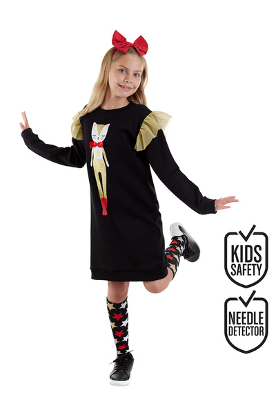 Denokids فستان أسود للفتيات على شكل قطة لامعة
