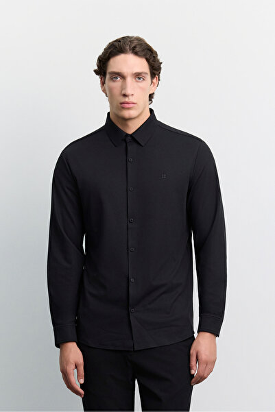 Avva Men's Black Glue-Detailed Textured Technical Classic Collar Long Sleeve ...