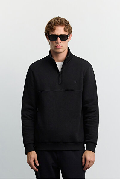 Avva Men's Black Stand Collar Zippered 3 Thread Ribbed Sweatshirt A62Y1351