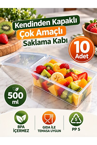 troykar 10 Adet 500 ml Şeffaf Kendinden Kapaklı Saklama Kabı Erzak Kabı Derin...