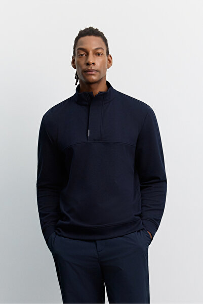 Avva Men's Navy Blue Stand Collar Zippered Easy-Iron Cotton Regular Fit Sweat...