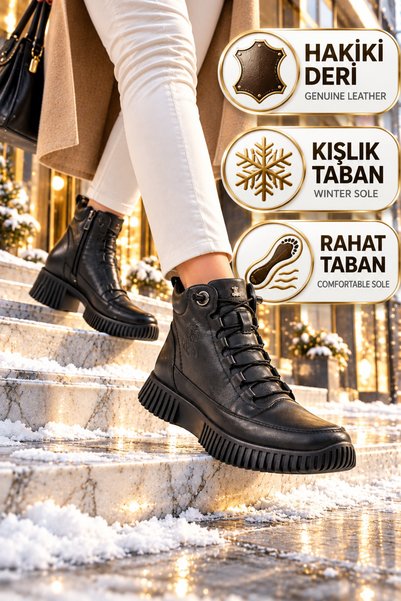 Venüs Black Genuine Leather Rubber Laced Non-Slip Sole Women's Boots 25405001K