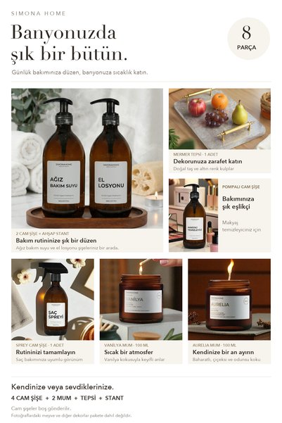 Simona Home 8 Piece Bathroom Set with Marble Tray and Wooden Stand, 4 Amber Glass Bottles and 2 Candles Aurelia Vanilla