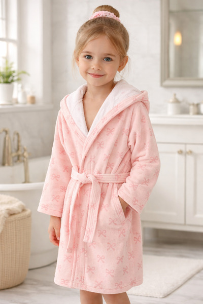 LUNGA VİTA Waitress and Child Size Luxury Velvet Children's Bathrobe Printed Patterned Young Girl Boy Bathrobe