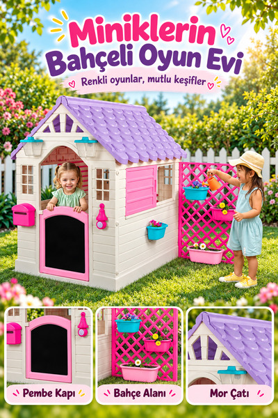 Ncbatölye Oyuncak Aksesuarlı Çocuk Oyun Evi - Çiçeklikli ve Kara Tahtalı Bahç...