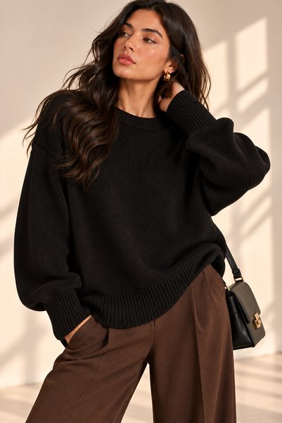 deqfashion Kadın Siyah Bisiklet Yaka Oversize Salaş Triko kazak