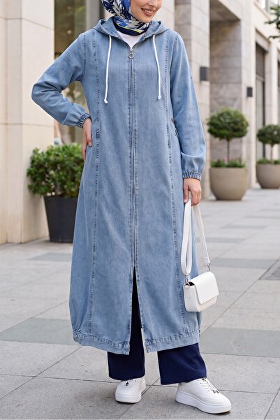 Modamorfo Hooded Zippered Denim Cap with Elastic Sleeves and Pockets - Light ...