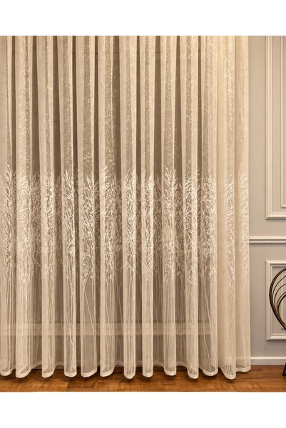 birton Elegant Branch Patterned Tulle Curtain |   Modern Living Room Curtain |   Sık Pile |   Beige
