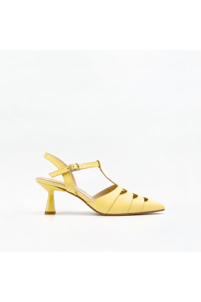 Folle Yellow Genuine Leather T-Band Heeled Shoes – 6 cm Thin Heeled Retro Det...