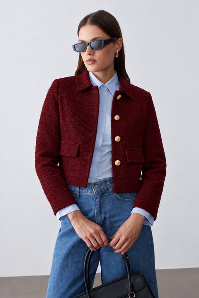 Maldia Shop Blazer de damă cu nasturi aurii Jachetă din tweed vișiniu