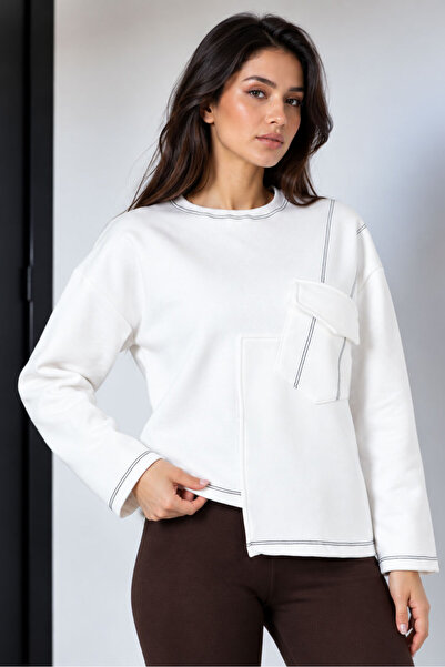 Sortie Kadın Ekru Renk Cepli Bisiklet Yaka Üç İplik Asimetrik Sweatshirt