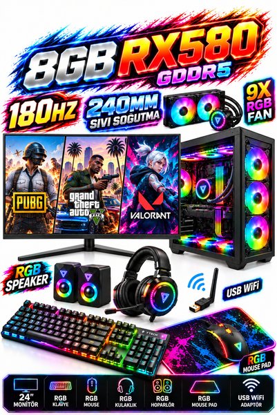 Dmc N188x Windows 11 Ryzen 5 5500,32GB,500GB HDD,256GB SSD,RX580,24''180hz Sıvı Soğutmalı Oyuncu Masaüstü Bilgisayar