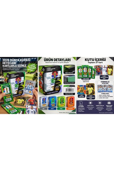 TOYFEST Panini FIFA 2026 Dünya Kupası 1 Golden Baller 3 L.E. Kart Toplam 37 Metal Kutulu Futbolcu Kartı Gri