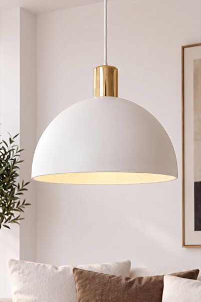 Marrien Luna Gold Detaylı Beyaz Metal Sarkıt (30 cm) Yemek Masası Üstü Avize ...