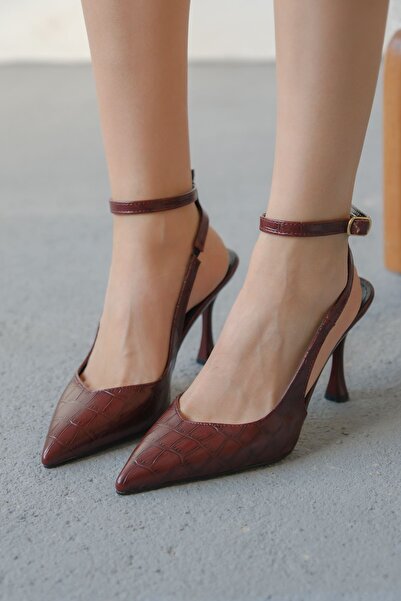 MODAADAM Women's Montana Thin Heeled Shoes - Burgundy-Crocodile