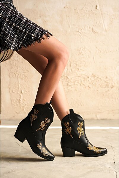 MODAADAM Γυναικείες καουμπόικες μπότες Sidney Embroidered - μαύρο-δερμάτινο