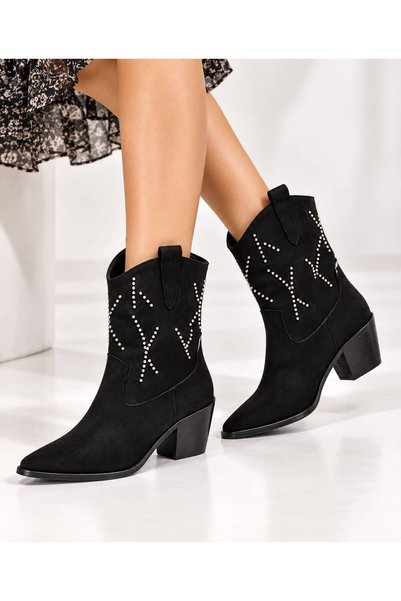 redtan Women's Black Stone Western Cowboy Boots Pointed Toe Thick Heeled Boots
