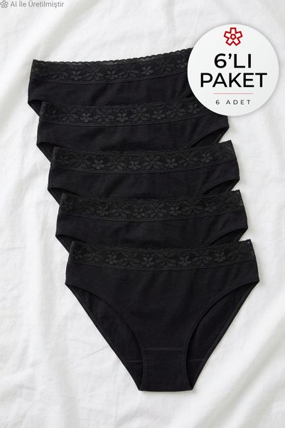 YILDIZ Lycra Waist Lace Women's Bikini Panties Black 6-Pack