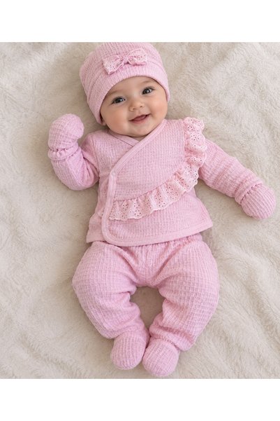 Beyaz Bebek Lace-Up 5-Piece Hospital Release Pink Set for Newborn Babies