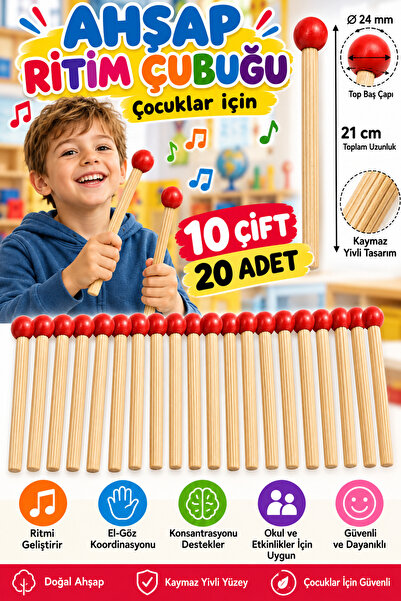 Flea Market Wooden Drumsticks, Wooden Rhythm Sticks (10 Pairs, 20 Pieces)