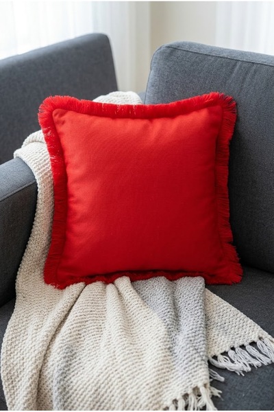 Alseko Concept غطاء وسادة مربع أحمر مقاس 43x43 سم مع شراشيب حمراء، قطعة واحدة