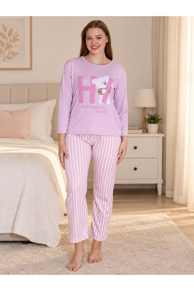Pajama Shop Ženska pidžama od 100% pamučne tkanine, lila boje, sa uzorkom med...