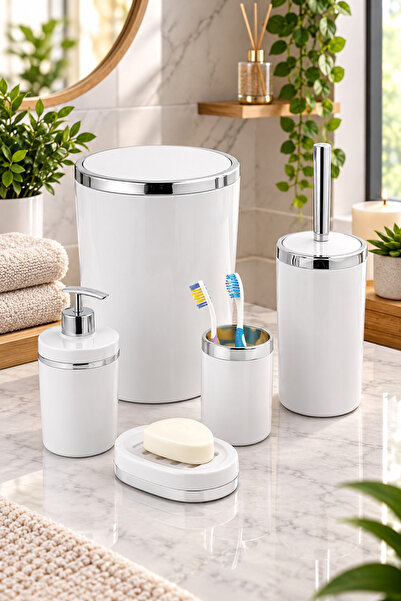 GuvenliPazar 5 Parça Akrilik Gümüş Çizgi Banyo Takımı Yuvarlak Banyo Seti Beyaz