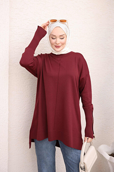 İmajButik تونيك تريكو بياقة مطوية وسحاب من نسيج بارد بلون بوردو