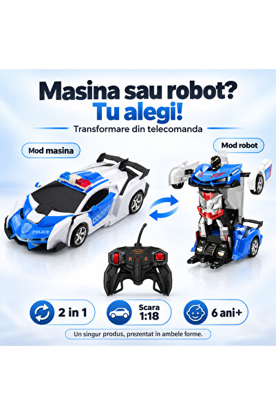 LEAN Masinuta robot cu telecomanda Bebelul politie 2in1 cu lumini si sunete 3...