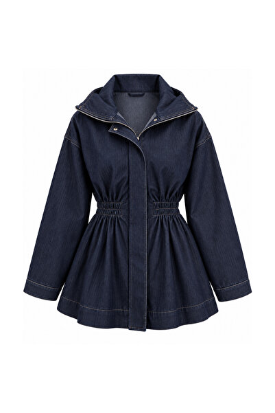 Mogi Butik Women's Drawstring Waist Zippered Denim Jacket 3257 Navy Blue - Pr...